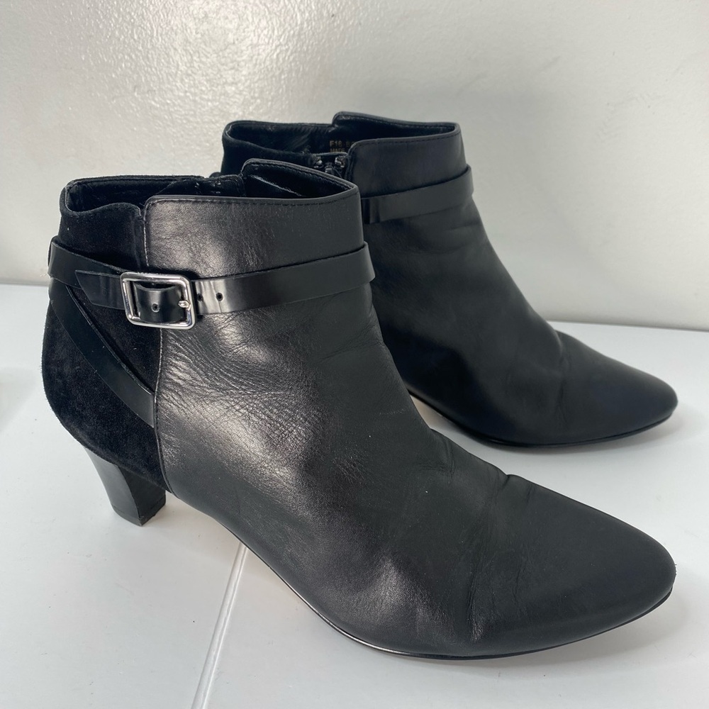 Cole Haan Sylvan Black Leather Suede Ankle Booties w Buckled Belt Hardware